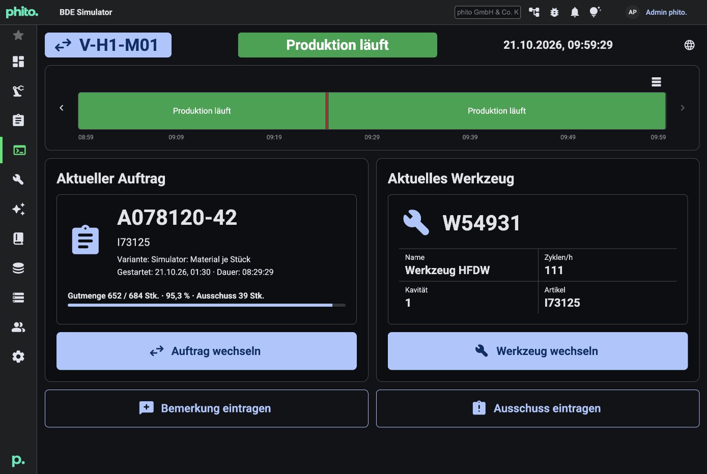 BDE-Terminal im phito. Demosystem mit laufender Produktion, aktuellem Auftrag, Werkzeug, Gutmenge und Ausschuss